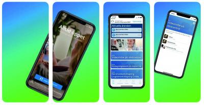 Tre telefoner vars skärmar visar bilder från Alltid öppet appen 